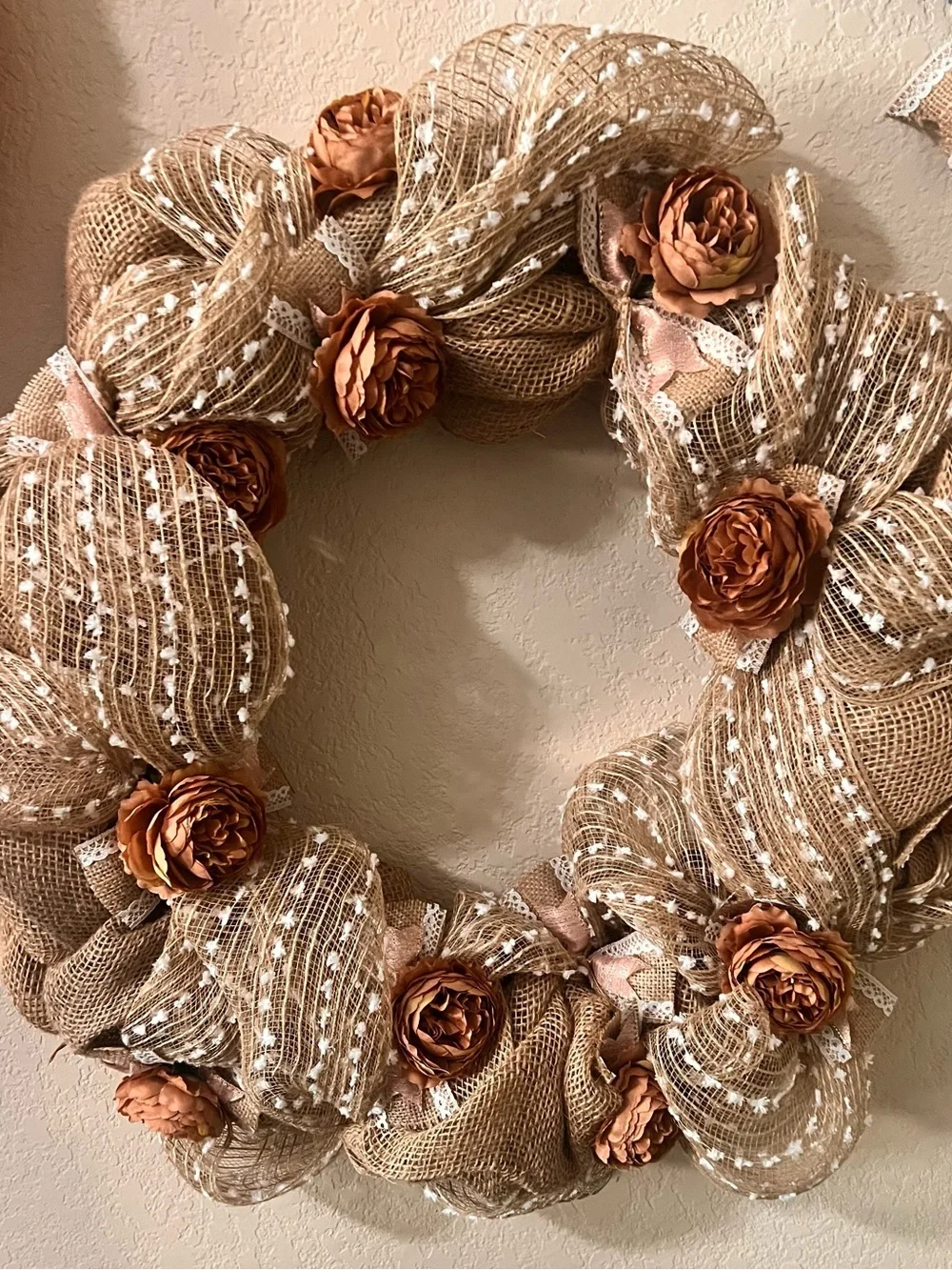 Neutral with pink accents Burlap Floral Wreath